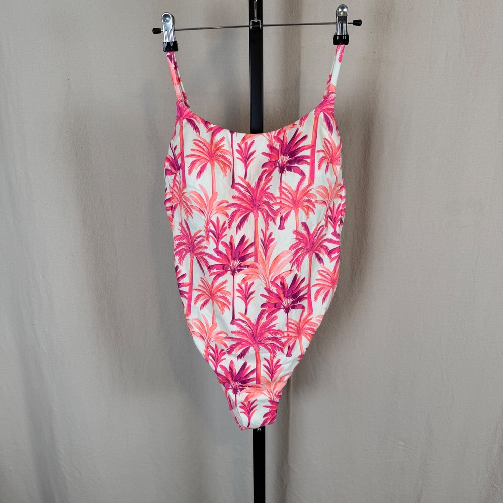 Shade & Shore Womens Palm Tree Print One Piece Swimsuit Pink Orange High Leg L